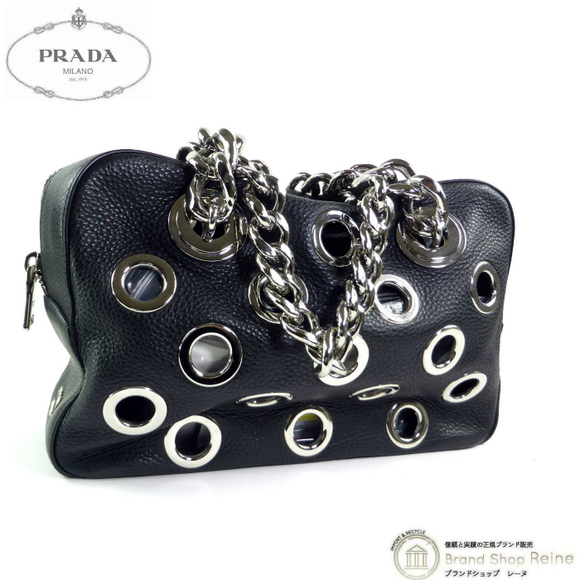 Prada Handbags - Prada Lacca Grommet Perforated Chain Shoulder Bag Black